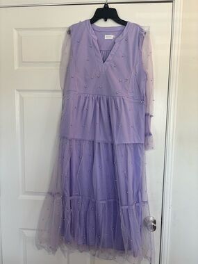 Lilac Tiered Tulle Midi Dress with Pearlescent nursing dress size small NWT